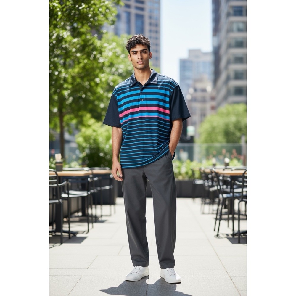 Under ARMOUR Heatgear Loose Mens 2 XL Polo Style Blue Striped Shirt Pink Blue